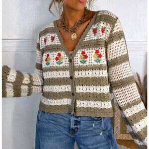 POL Crochet Cardigan Floral Granny Square Striped Boho Button Front Size Medium
